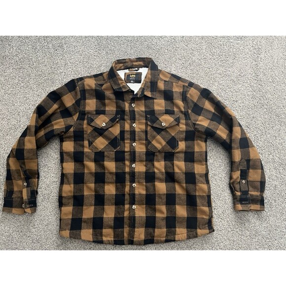 Lee Shacket Mens Plaid Flannel Sherpa Lined Jacket Flap Pocket XL Burnt Orange - Picture 1 of 7